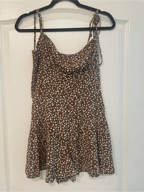 Brown Floral Cowl Neck Romper with Tie Straps
